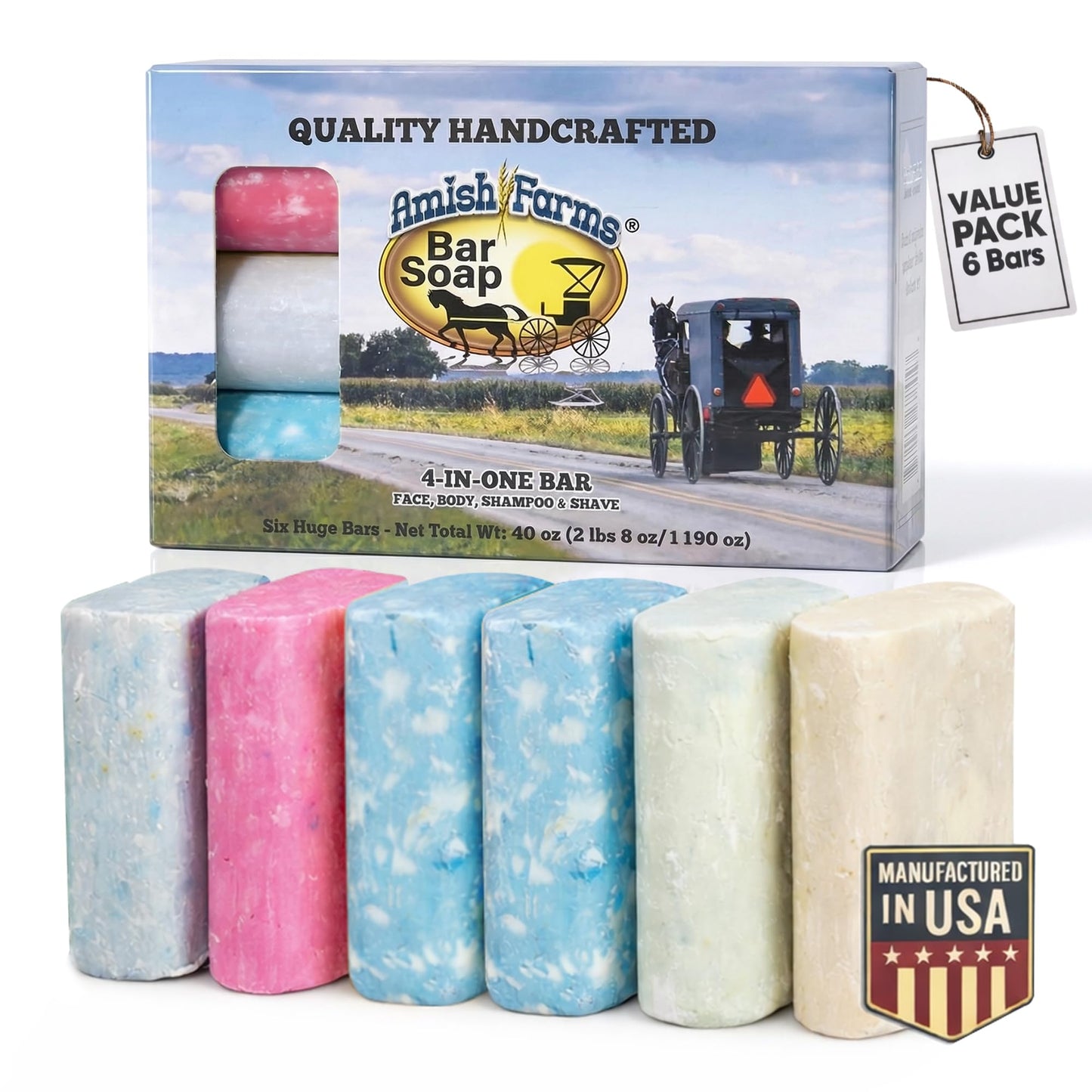 Amish Farms Bar Soap w/All Natural Bentonite Clay (6 Bars) Made in USA, Vegan Moisturizing for Sensitive Skin | Women & Mens Face & Body Bar Bath Soap Beauty & Personal Care Amish Farms