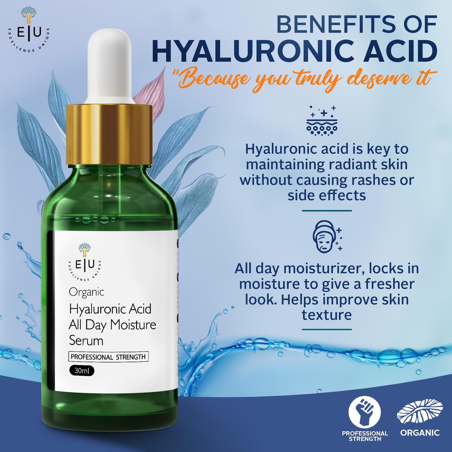Organic Hyaluronic Acid Serum for Face - 30ml Hydrating Serum - Hyaluronic Acid Serums for Deep Moisture, Plumping & Anti-Aging Beauty & Personal Care E U EXCELLENCE UNIQUE