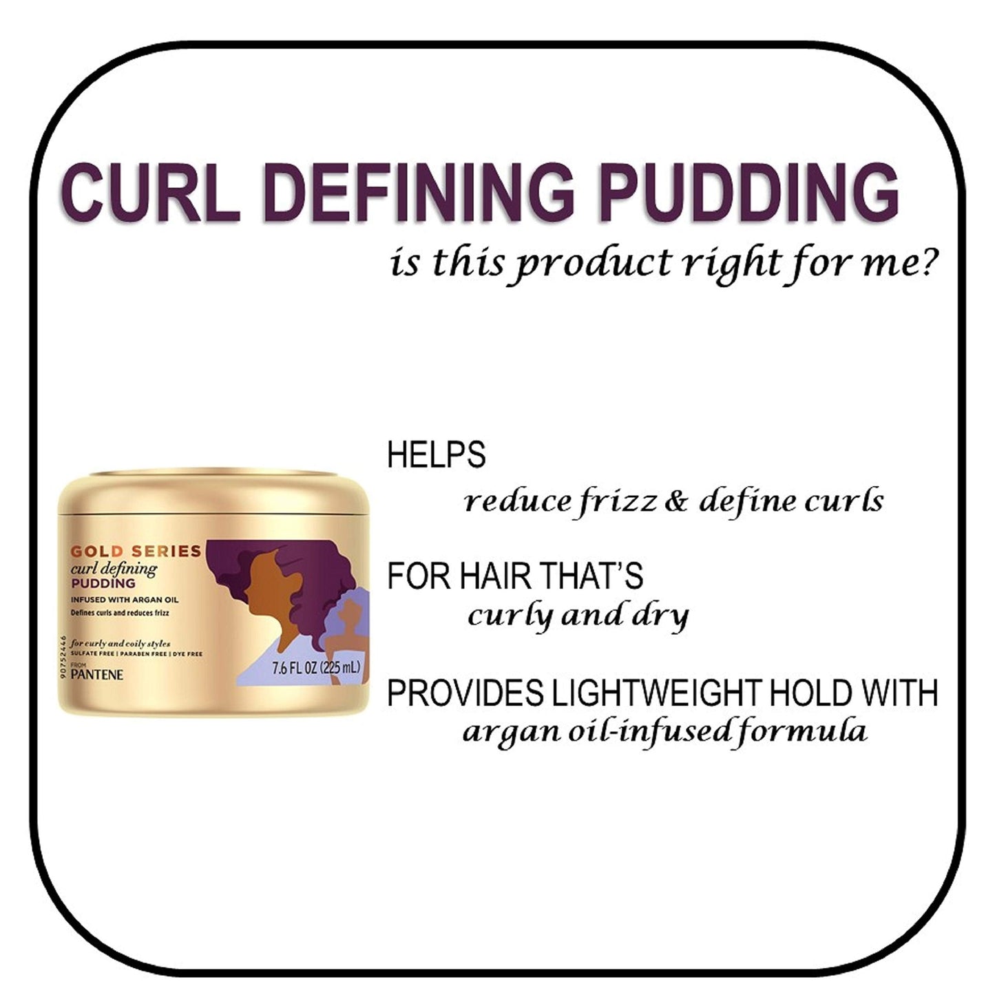 Pantene, Hair Cream Treatment, Sulfate Free Curl Defining Pudding, Pro-V Gold Series, for Natural and Curly Textured Hair, 7.6 fl oz Beauty & Personal Care Pantene