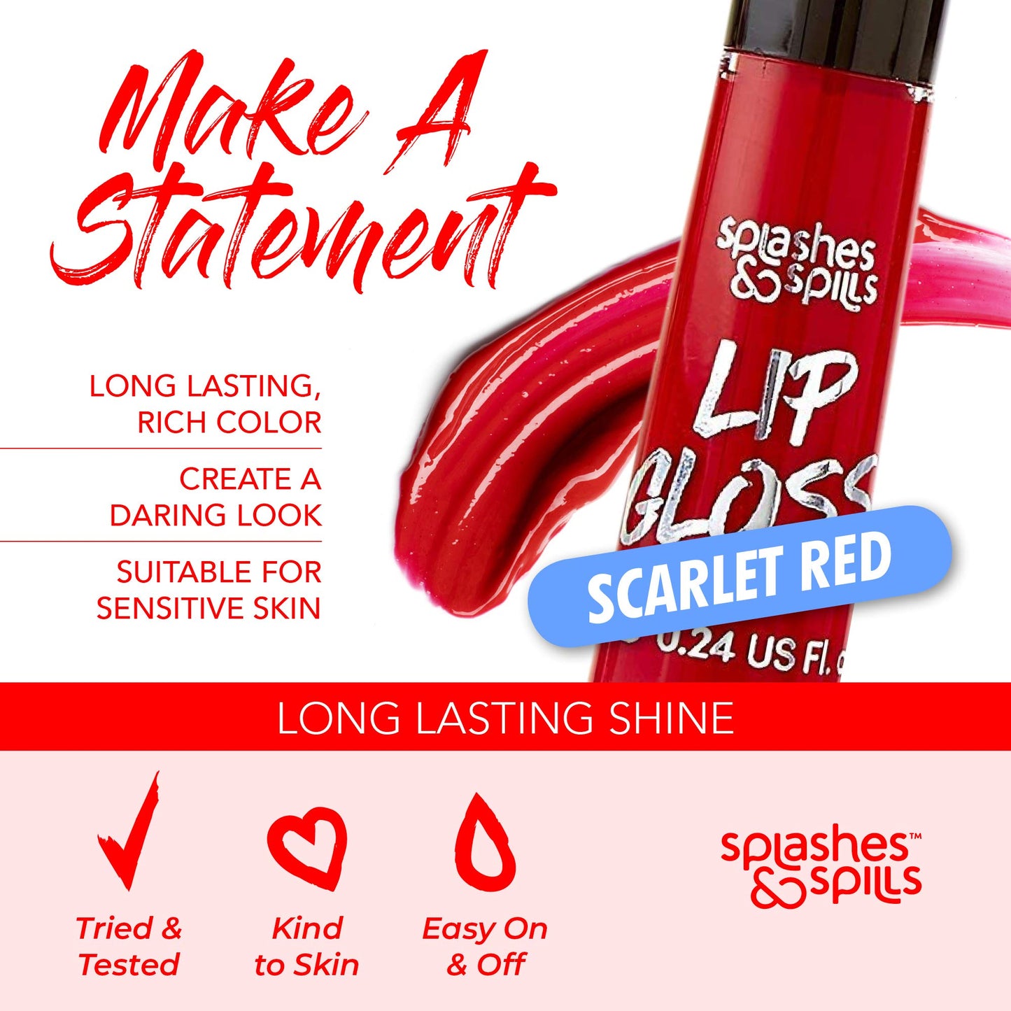 Luxurious Red Lip Gloss - Vibrant Color with Full Coverage and Shiny Finish, Moisturizing Formula Nourishes Lips - 2 Pack - by Splashes & Spills Beauty & Personal Care splashes & spills