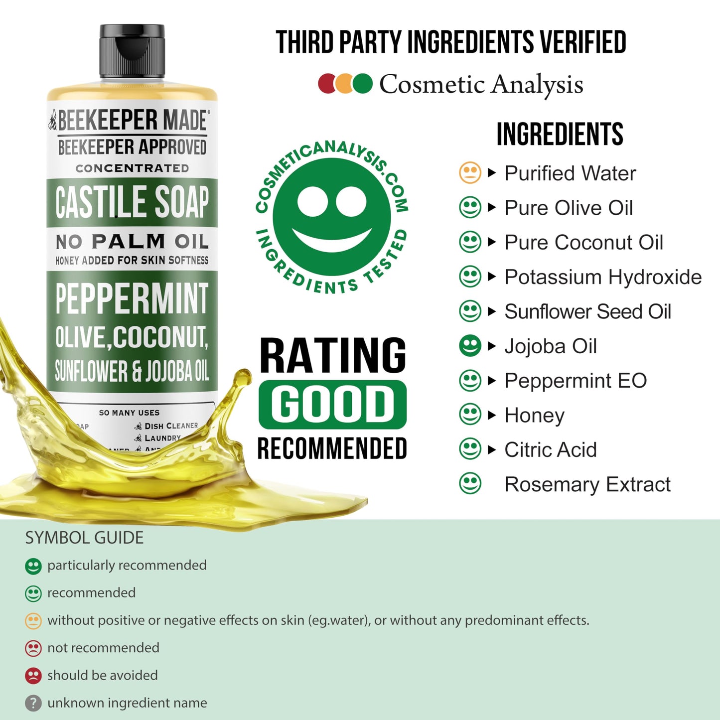 Beessential Beekeeper Made Natural Castile Soap, 32 fl oz | No Palm Oil, 8 Ingredients, Pure Olive, Coconut, & Sunflower Oils, GMO Free, For Sensitive Beauty & Personal Care Beessential