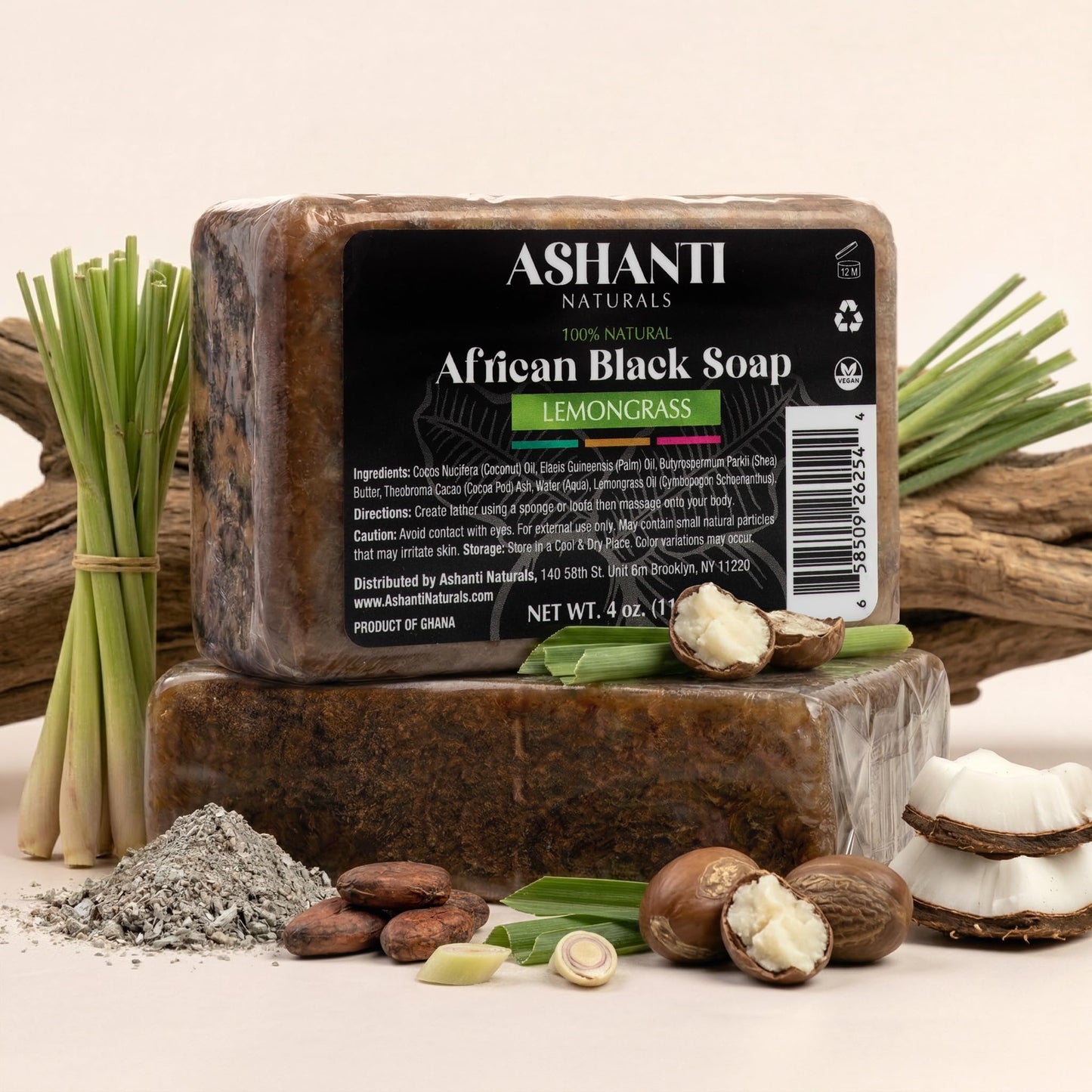 Ashanti Naturals African Black Soap Bar | Scented Natural Black Soap with Raw Shea Butter and Coconut Oil - 2pk 4oz Bars (Lemongrass) Beauty & Personal Care Ashanti Naturals