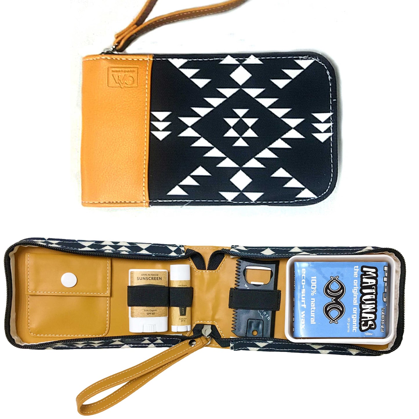 Surfer Gift & Surf Accessory with Stylish Zip Canvas Pouch, Surf Wax Holder, Elastic Loops for Sunscreen, Lip Balm & Wax Scraper - Items shown Beauty and Personal Care Open Road Goods
