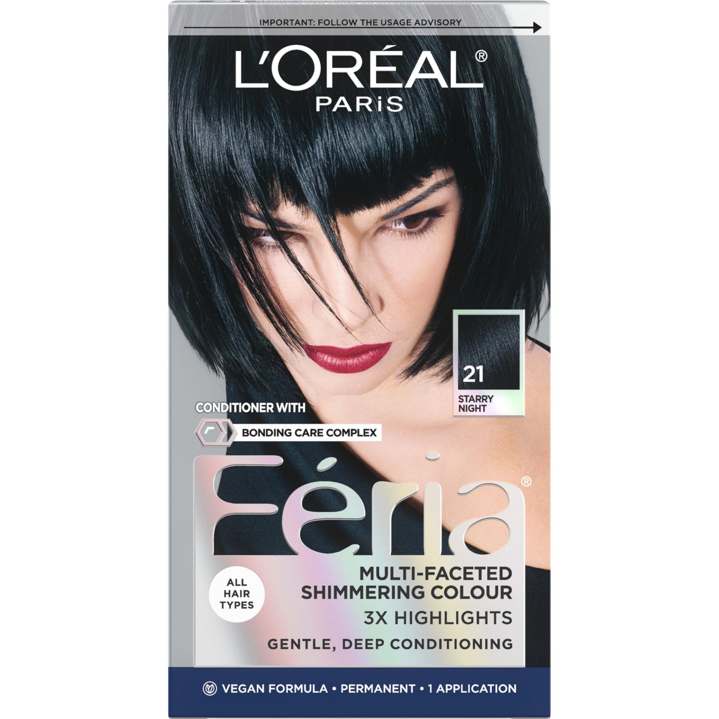 L'Oreal Paris Feria Multi-Faceted Shimmering Permanent Hair Color, 21 Starry Night (Bright Black), Pack of 1 Hair Dye Kit Beauty & Personal Care L'Oreal Paris