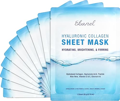 Ebanel 10 Pack Collagen Face Mask with Hyaluronic Acid, Vitamin C, Peptide, Aloe, Instant Brightening Hydrating Face Masks Skincare Korean Sheet Mask Beauty & Personal Care Ebanel