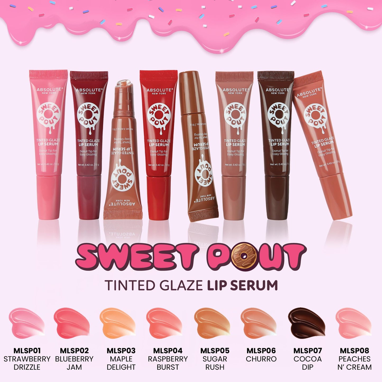 Absolute New York Sweet Pout Tinted Glaze Lip Serum, Donut Tip Applicator, Hydrating Formula with Peptides, Vitamin E and Jojoba Seed Oil (Churro) Beauty & Personal Care Absolute New York