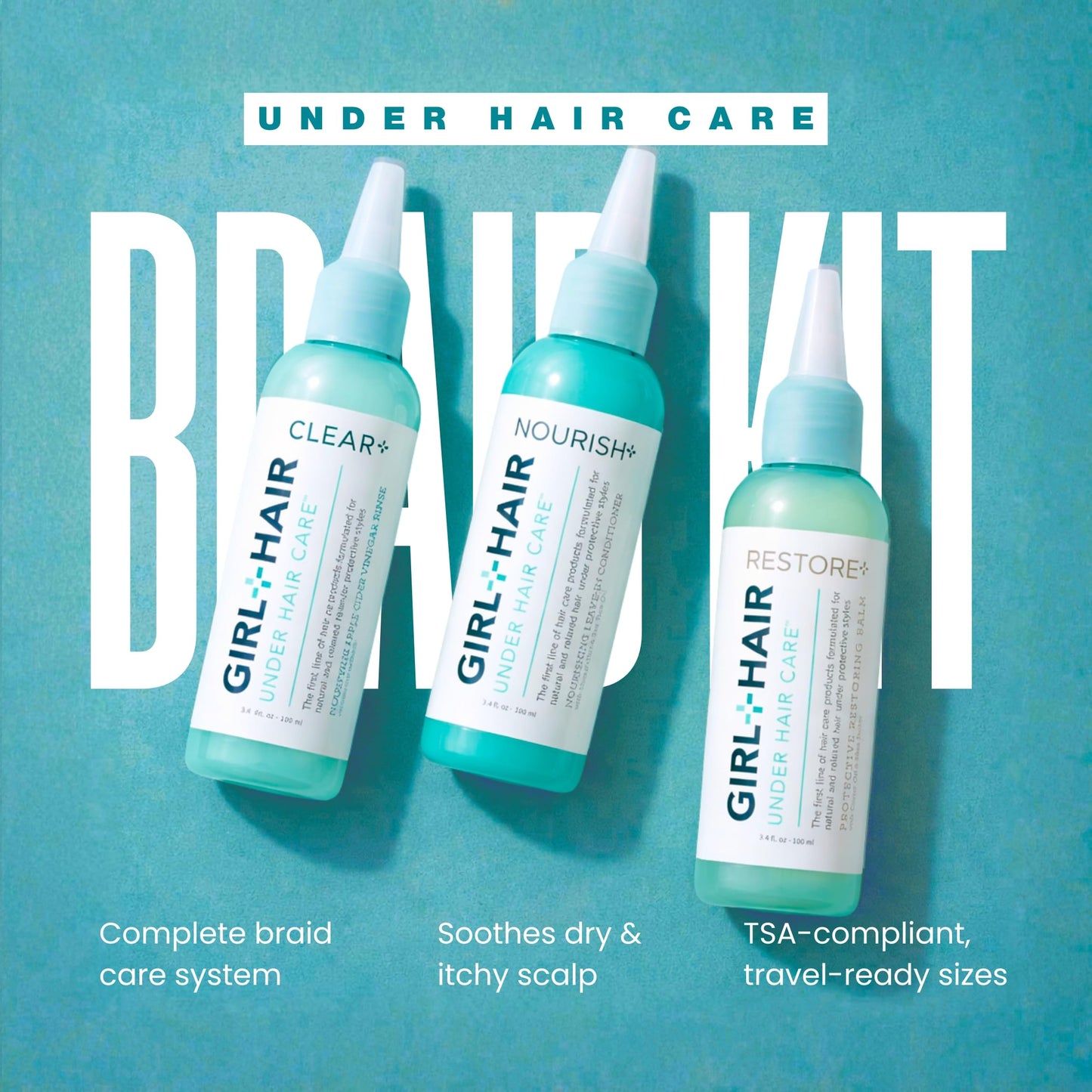 GIRL+HAIR Ultimate Braid Care Travel Set | Maintain Healthy Hair & Scalp with Clear + Nourish + Restore | Maximize Hair Strength | TSA Compliant (3 x Beauty & Personal Care GIRL+HAIR