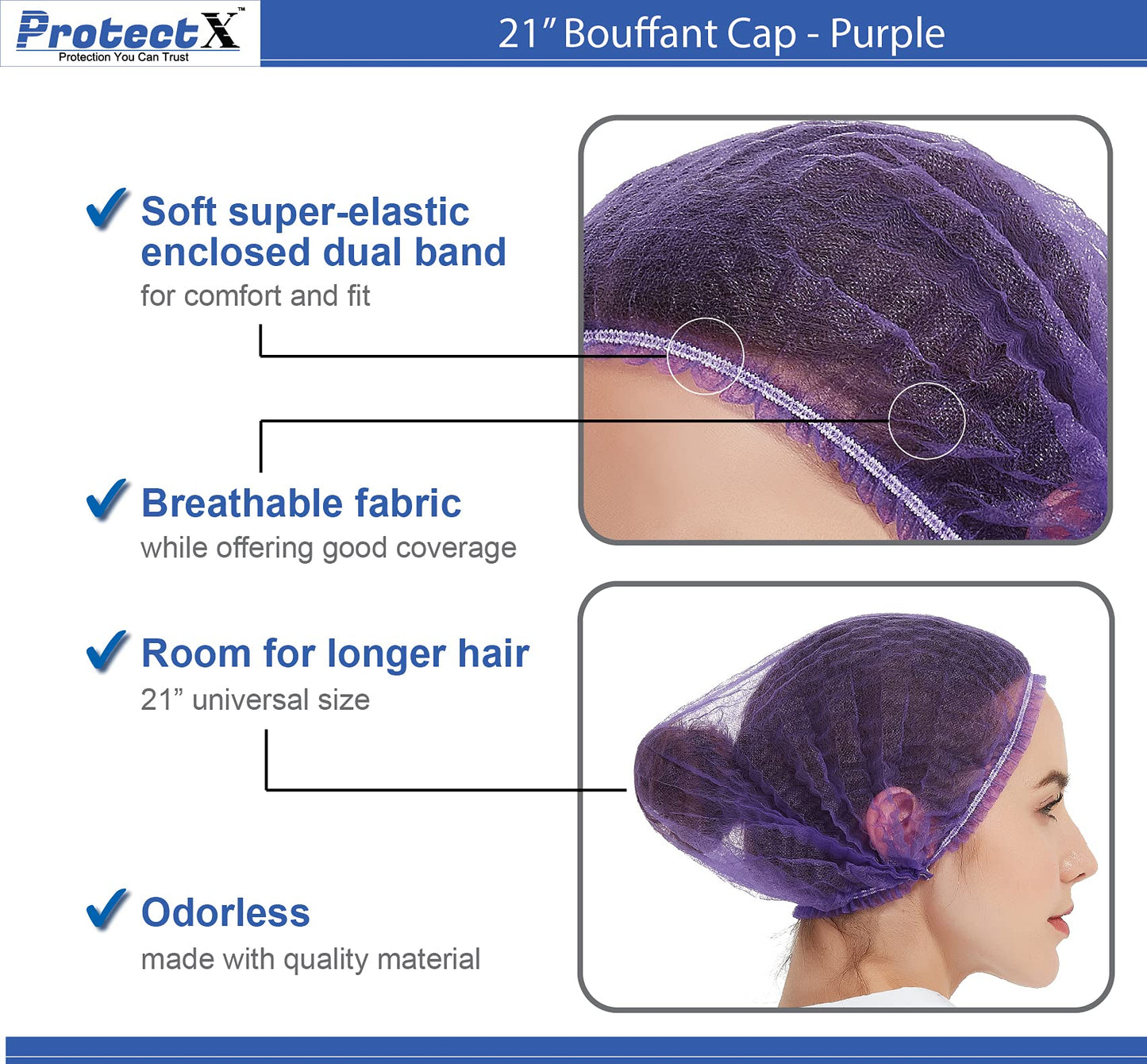 ProtectX Disposable Bouffant (Hair Net) Caps Hair Head Cover Nets 21” (Purple 100 pack) Beauty and Personal Care ProtectX