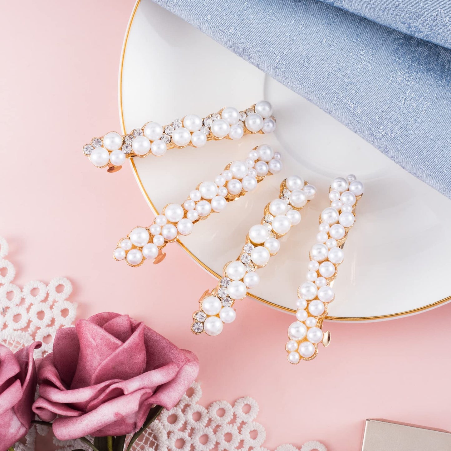 OIIKI Pearl Rhinestone Hair Snap Clips - Elegant Barrettes with Pins for Women, Girls, Brides, Parties, Wedding, Daily Use - Gold Beauty & Personal Care OIIKI
