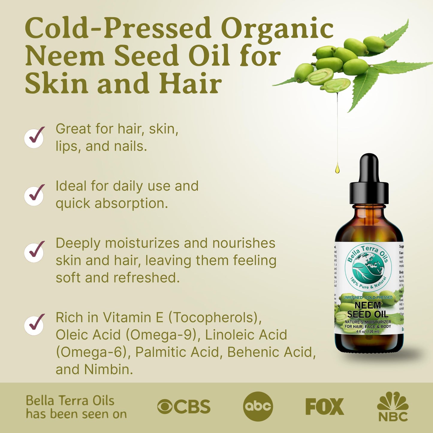 Bella Terra Oils - Organic Neem Seed Oil 8 oz - Harnessing the Power of Organic Neem Seeds, Rich in Stearic Acid, A Luxurious Elixir for Natural Skin Beauty & Personal Care Bella Terra Oils