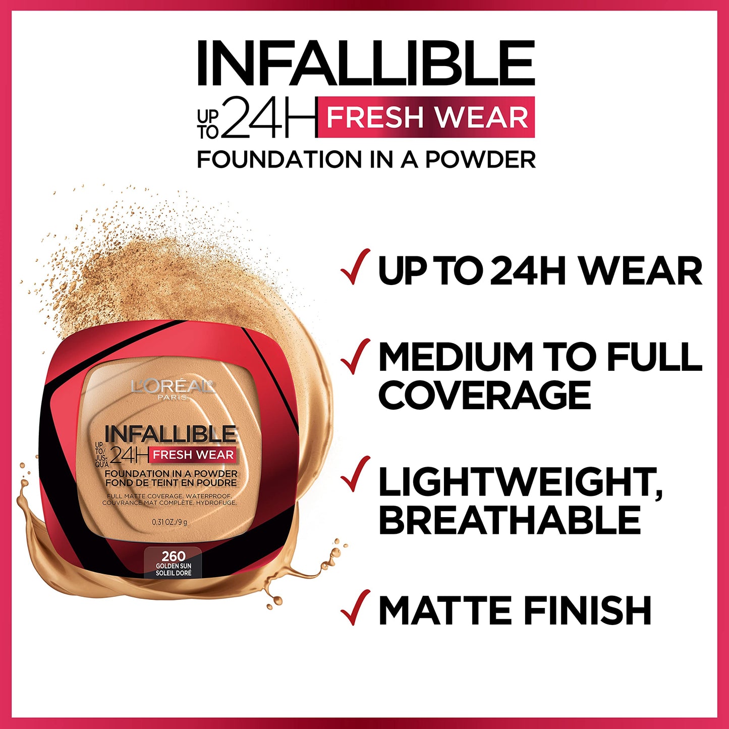 L'Oreal Paris Makeup Infallible Fresh Wear Foundation in a Powder, Up to 24H Wear, Waterproof, Golden Beige, 0.31 oz. (Packaging May Vary) Beauty & Personal Care L'Oreal Paris