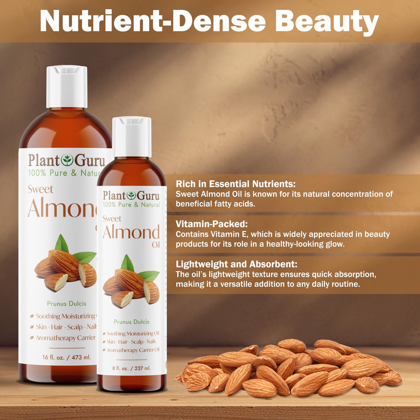 Plant Guru Sweet Almond Oil 16 fl. oz. Cold Pressed Carrier 100% Pure Natural For Skin, Body, Face, and Hair Growth Moisturizer. Great For Creams Beauty & Personal Care Plant Guru
