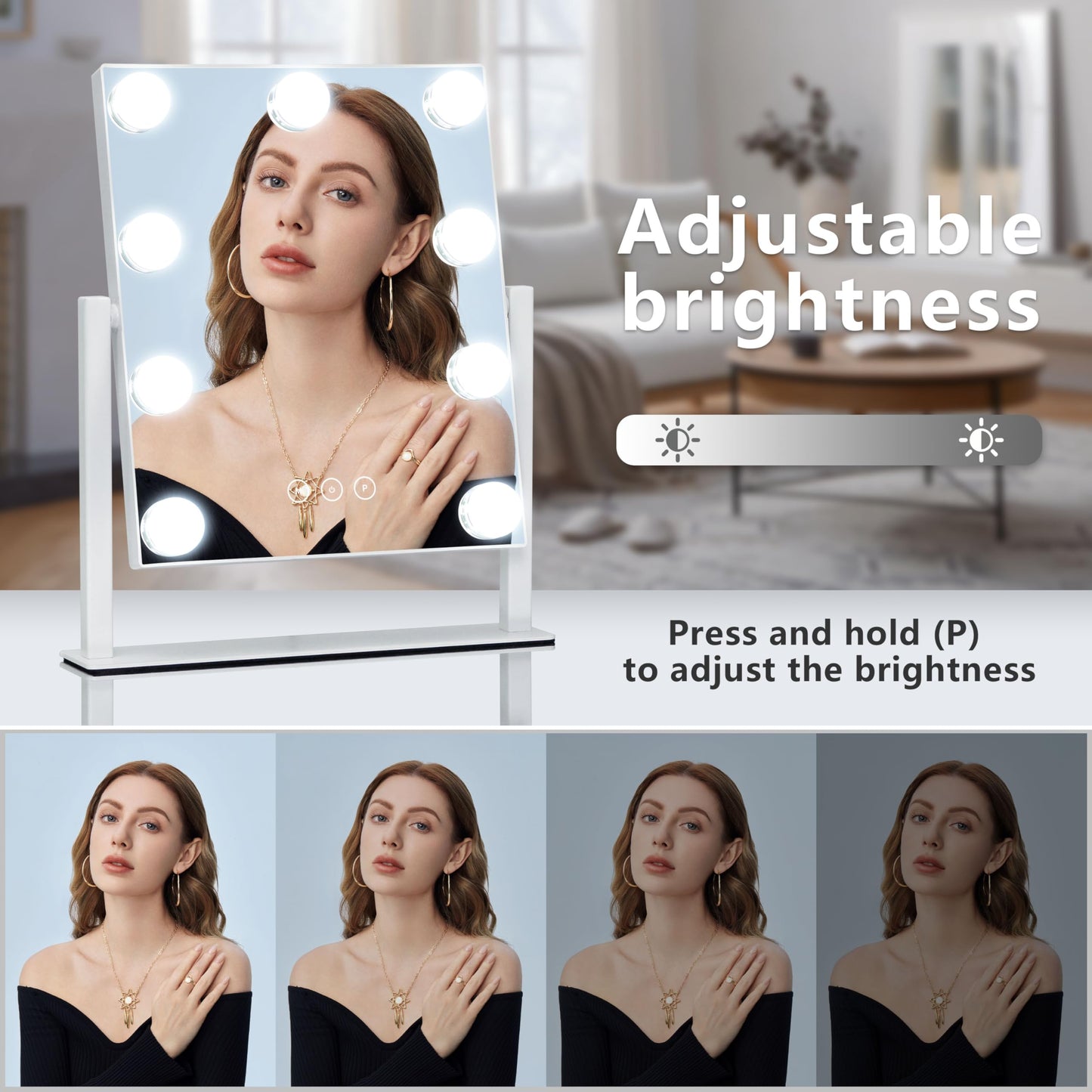 Vanity Mirror with Lights,Lighted Vanity Mirror with 9 Dimmable Bulbs for Dressing Room & Bedroom,3 Color Lighting,Modes Detachable 10x Magnification Beauty & Personal Care Kotdning