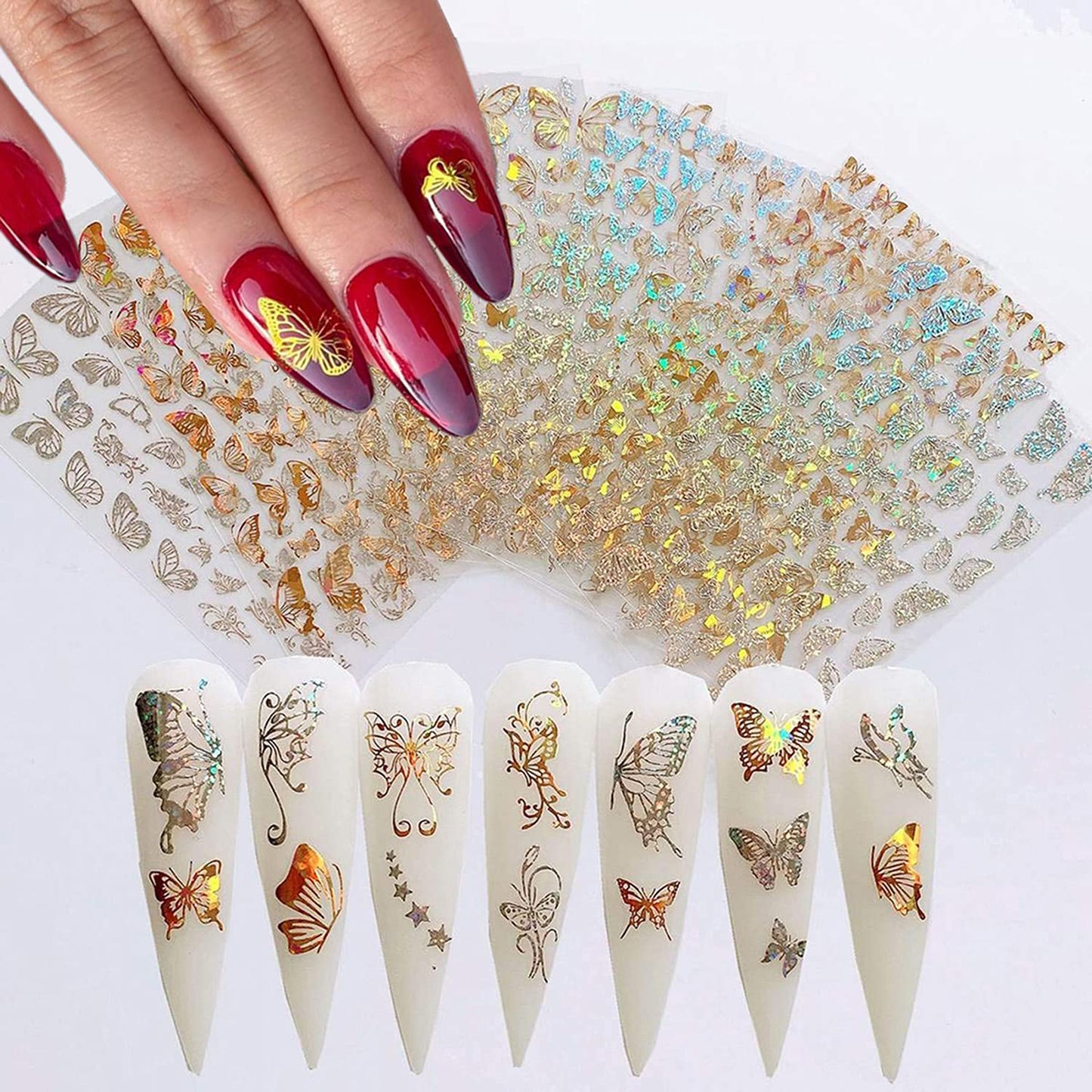 8 Sheets Butterfly Nail Adhesive Sticker - Laser Craft Glitter Gold and Silver Shapes for Art Design and Decoration - 3D Luxury Foils for Acrylic Beauty & Personal Care TBRZTR