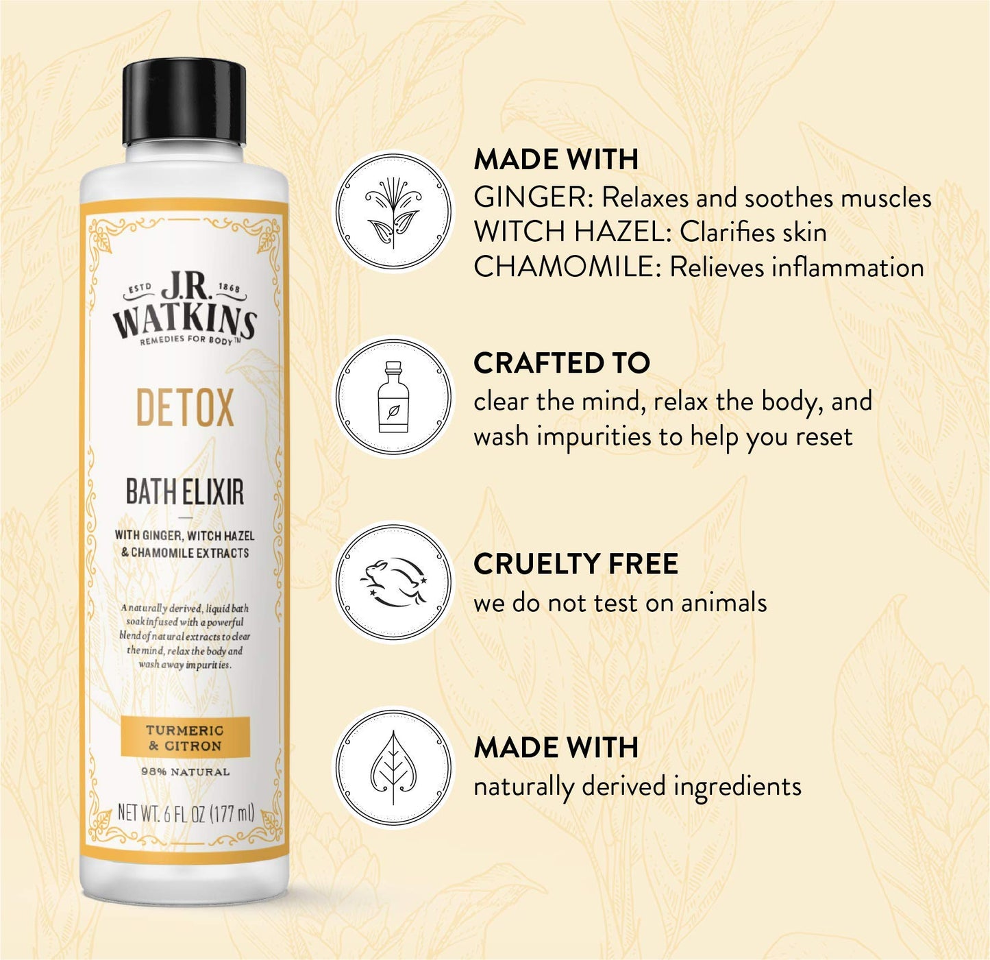 J.R. Watkins Detox Bath Elixir, Liquid Bath Soak Turmeric & Citron with Detoxifying Natural Extracts, No Salt, No Residue, 6 oz Beauty and Personal Care J.R. Watkins