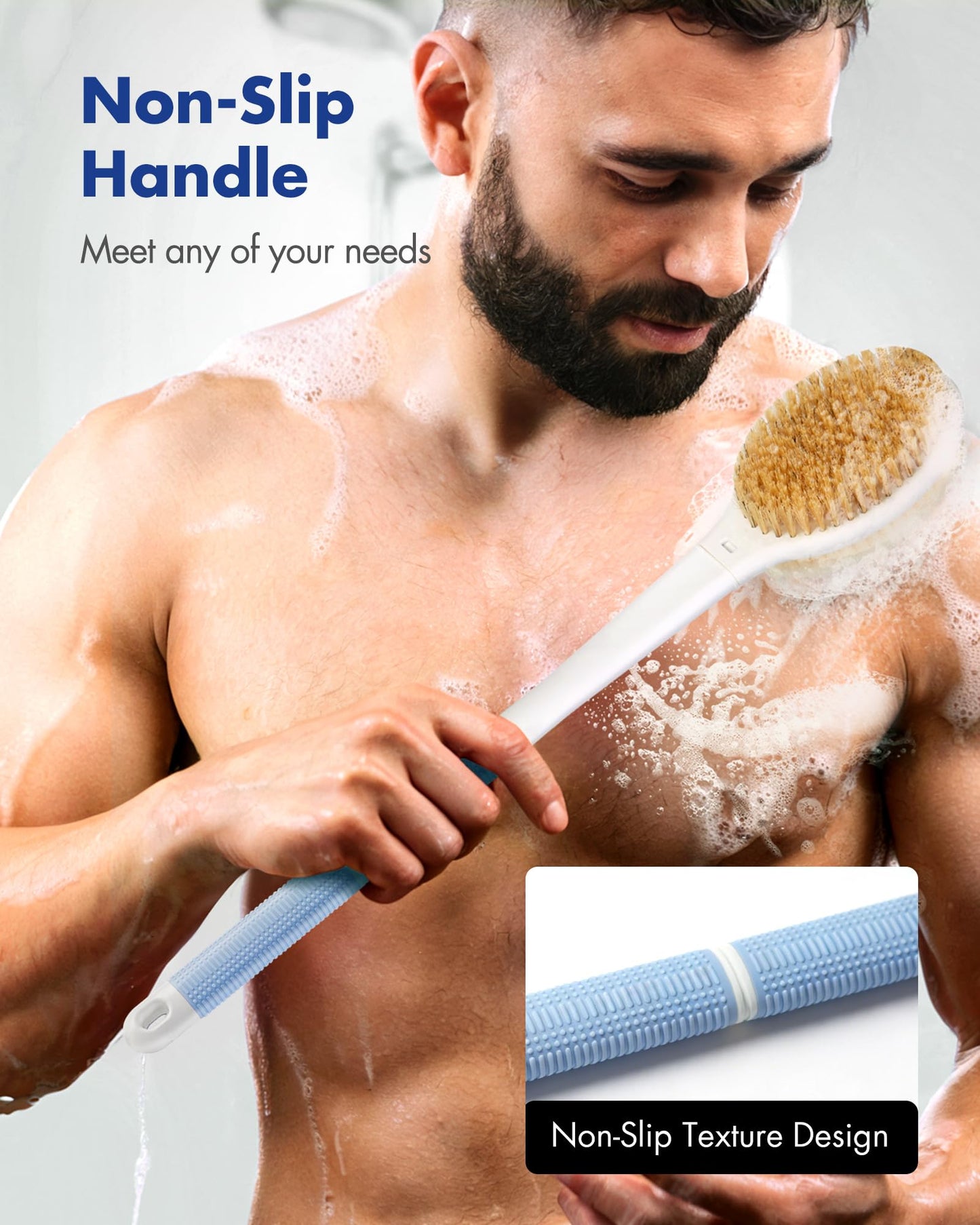 Back Scrubber Body Shower Brush: Anti Slip Long Handle Bath Brush with Stiff and Soft Bristles - Showering Exfoliator Wet or Dry Brushing for Women Beauty and Personal Care Rafow