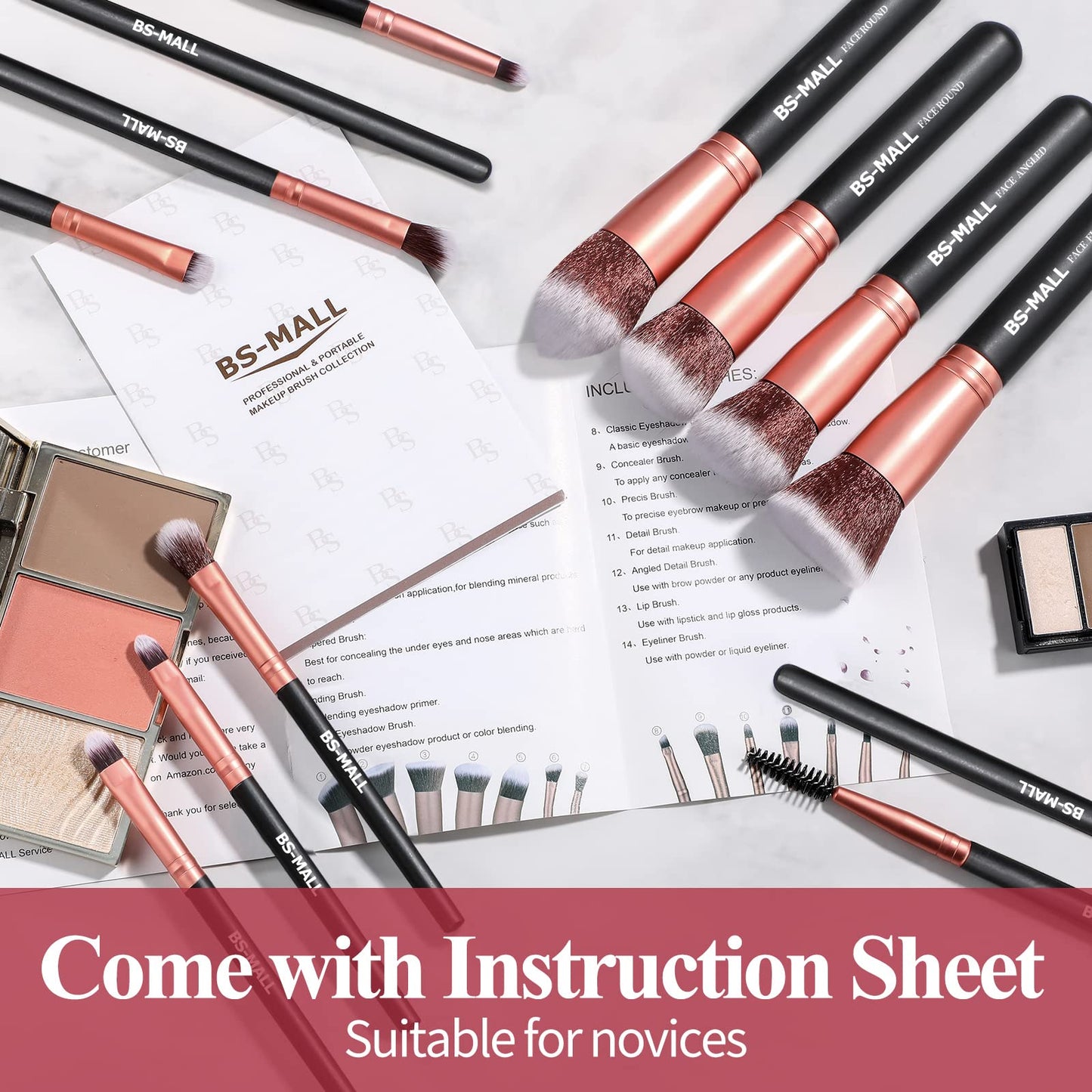 Makeup Brushes BS-MALL Premium Synthetic Foundation Powder Concealers Eye Shadows Makeup 14 Pcs Brush Set, Rose Golden, with Case Beauty & Personal Care BS-MALL