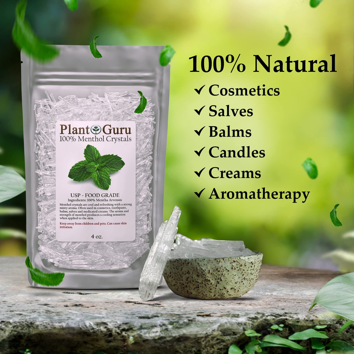 Plant Guru Menthol Crystals 1 lb. Bulk Mentha Arvensis 100% Pure Natural USP Food Grade - Great For Cosmetics, Salves, Balms, Creams and Soap Making. Beauty and Personal Care Plant Guru