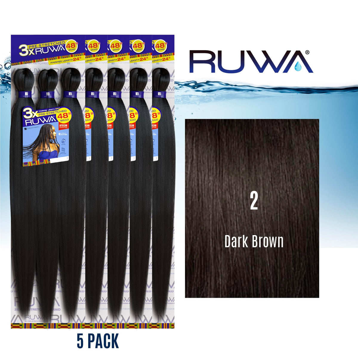 Sensationnel Ruwa Prestretched Braiding Hair-3X 48 Inch,5 pack 2 DARKBROWN