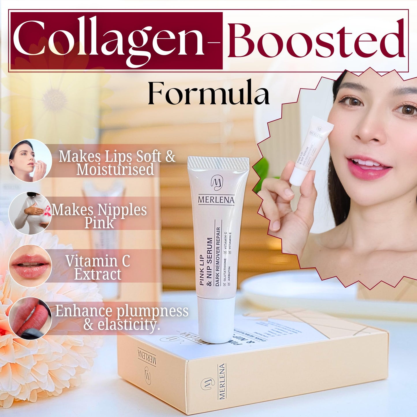 Merlena Pink Lip & Nip Serum - Hydrates and Repairs Dry, Peeling Lips and Nipples, Adds Collagen for Plumpness, Soothes Flaky Skin, Organic Vitamin C Beauty and Personal Care Nakarad