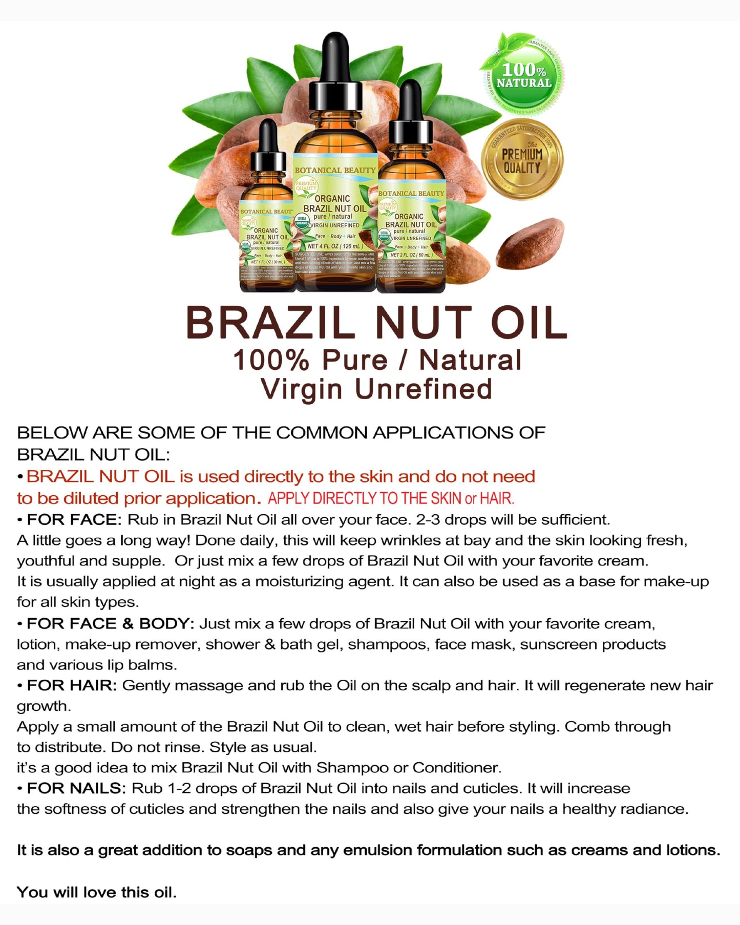Botanical Beauty Organic BRAZIL NUT OIL Bertholletia Excelsa WILD GROWTH RAW Brazilian 100% Pure Natural Virgin Unrefined for FACE, SKIN, BODY, HAIR Beauty & Personal Care Botanical Beauty