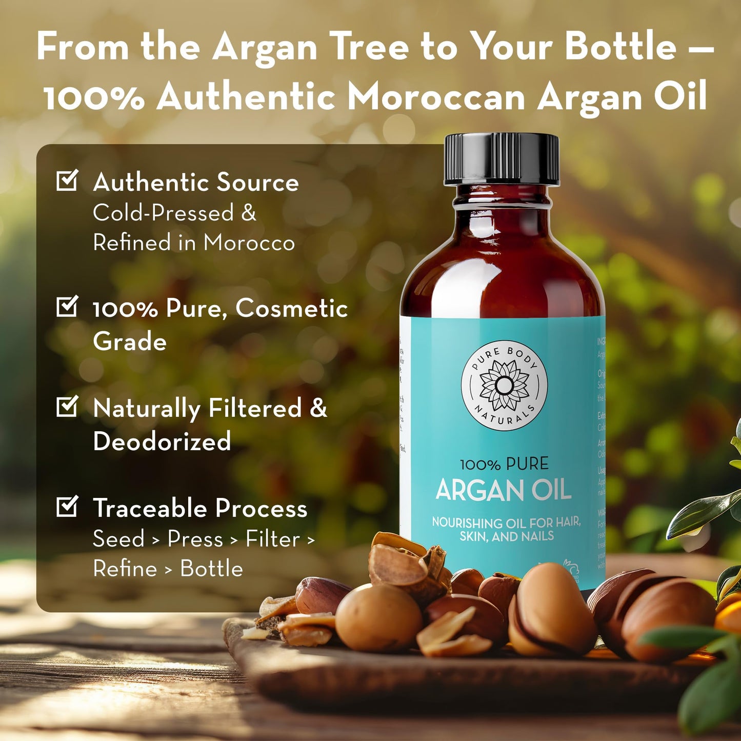 Pure Body Naturals Argan Oil for Skin and Face - 4 fl oz Cold Pressed, Light, Non-Greasy, Nourishing Pure Argan Oil for Hair - Aceite de Argan Beauty & Personal Care Pure Body Naturals