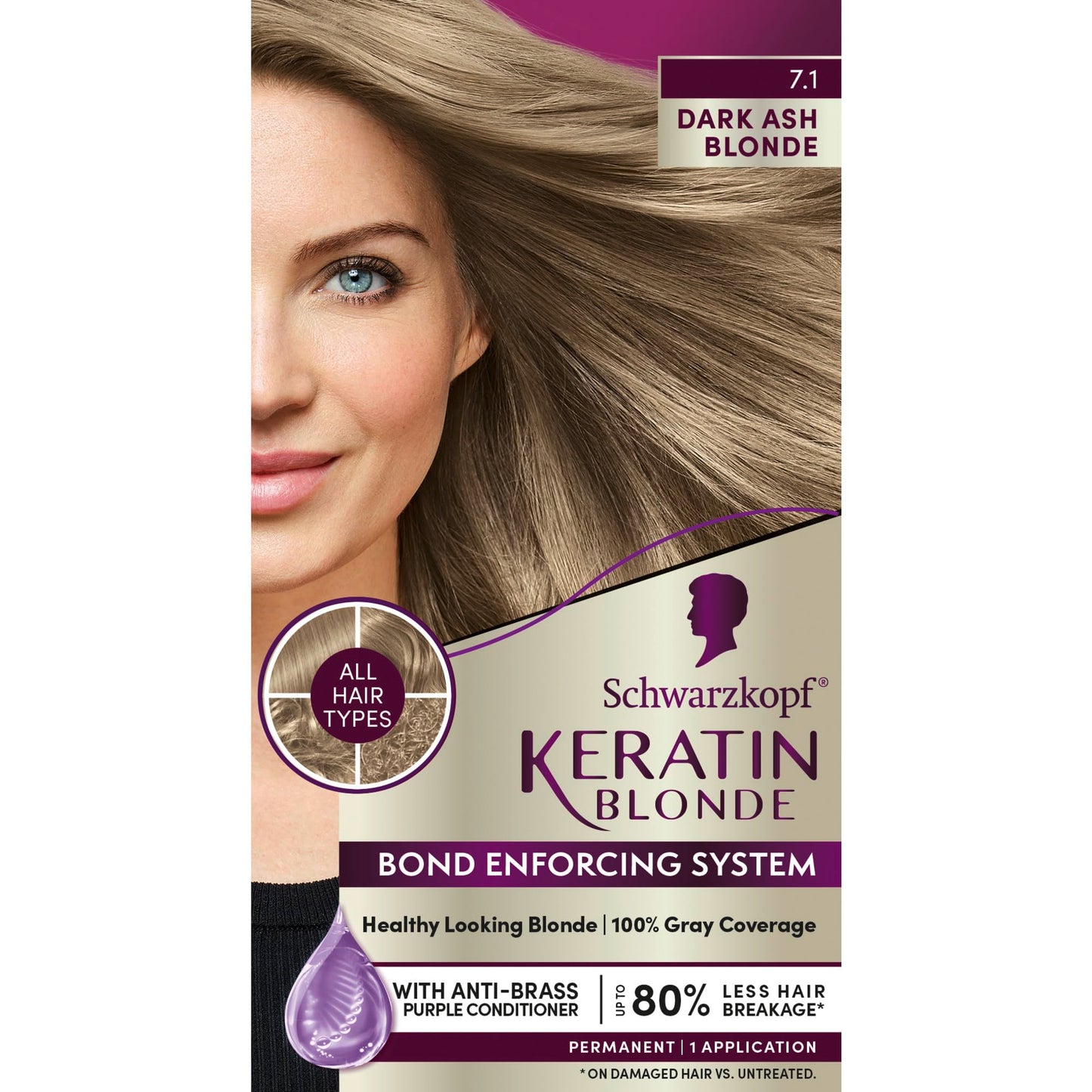 Schwarzkopf Keratin Blonde Hair Dye, 7.0 Dark Ash Blonde, Professional Quality Permanent Hair Color, Bond Enforcing System, Pre-Color Serum & Purple Beauty & Personal Care Schwarzkopf