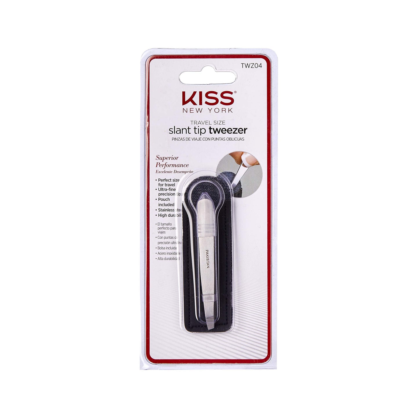 KISS NEW YORK Travel Size Slant Tip Tweezer with Pouch, Ultra-Fine Precision Tip, Stainless Steel (TWZ04) Beauty and Personal Care Kiss
