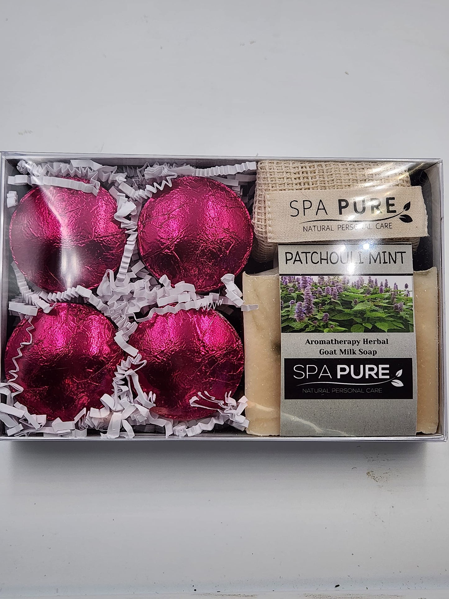 Spa Pure Aromatherapy Gift Set: Patchouli Mint Artisan soap, Shower Steamers, made with plant based ingredients, Cotton Soap & Steamer bag (Patchouli Beauty and Personal Care Spa Pure