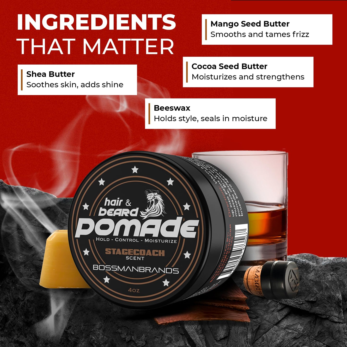 Bossman Hair & Beard Pomade for Men (Stagecoach Scent) - Medium Hold & Moisturizing for Hair, Beard & Mustache Styling - Made in USA Beauty & Personal Care Bossman