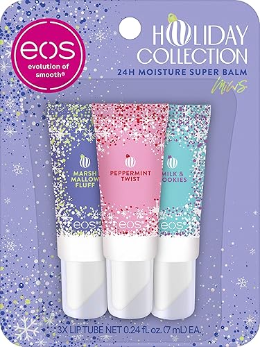 eos Holiday 24H Moisture Mini Super Balm Set, Peppermint Twist, Milk & Cookies, Marshmallow Fluff, Limited Edition Lip Care, Stocking Stuffers, 0.24 Beauty & Personal Care eos
