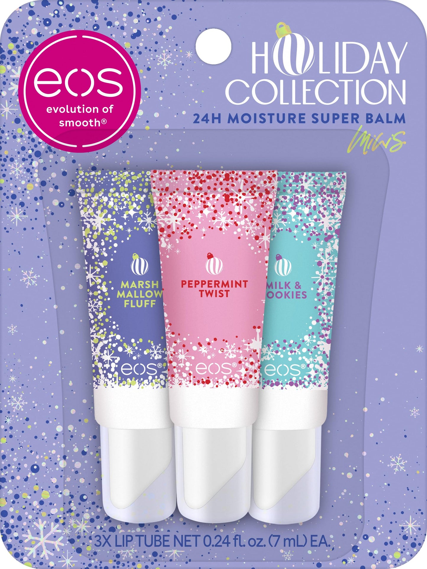 eos Holiday 24H Moisture Mini Super Balm Set, Peppermint Twist, Milk & Cookies, Marshmallow Fluff, Limited Edition Lip Care, Stocking Stuffers, 0.24 Beauty & Personal Care eos