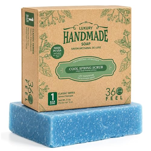 360Feel Cool Spring Scrub Soap - Made in The USA - Castile Handmade, All-Natural, Cold-Processed - Infused with Essential Oils for Gentle Exfoliation Beauty & Personal Care 360Feel