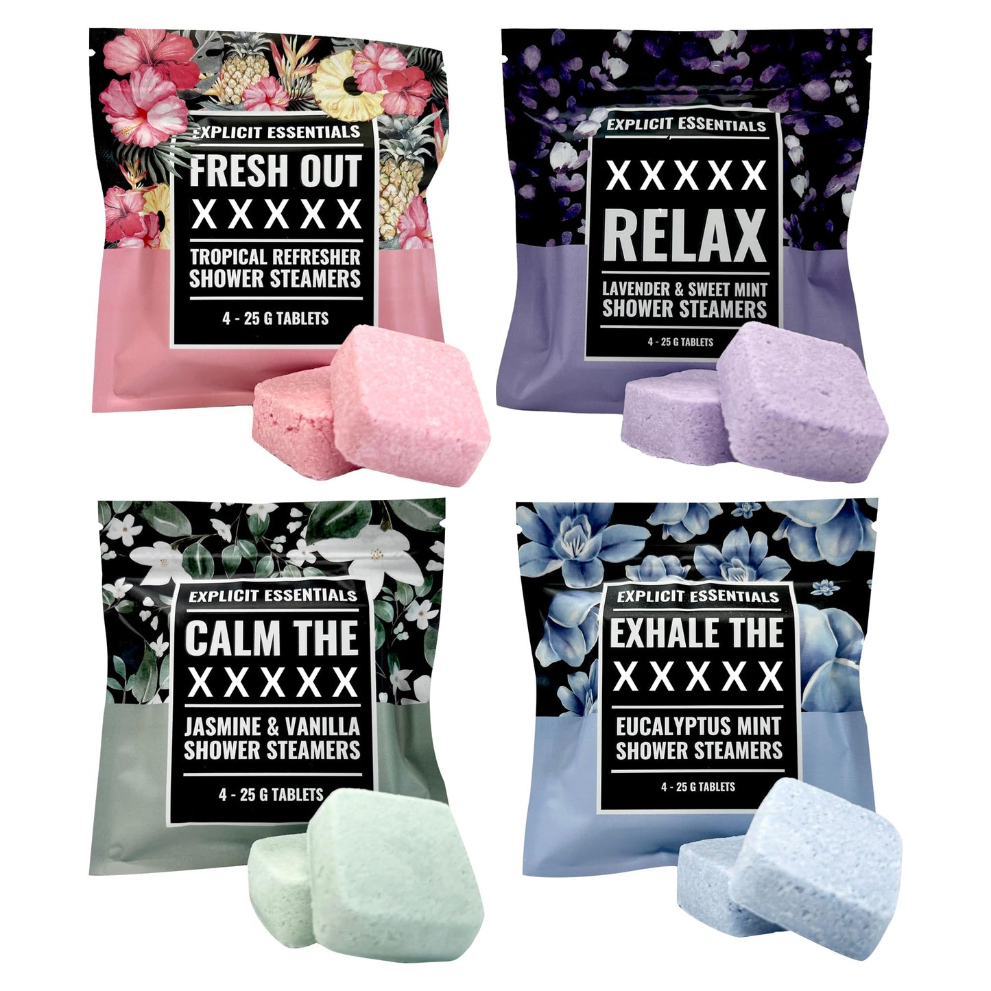 Explicit Essentials Shower Steamers Gift Set - 4 Funny Handmade Aromatherapy Shower Bombs - Relaxation & Stress Relief Spa Gift for Self-Care Beauty and Personal Care Explicit Essentials