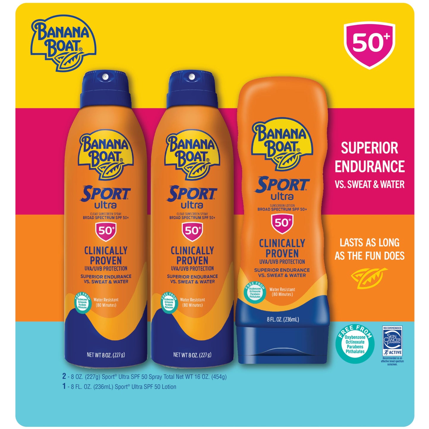 Banana Boat Sport Ultra SPF 50 Sunscreen Triple Pack | Includes 2 Sunscreen Sprays & 1 Lotion SPF 50, Sunblock, Water Resistant, Oxybenzone-Free, 8oz Beauty & Personal Care Banana Boat