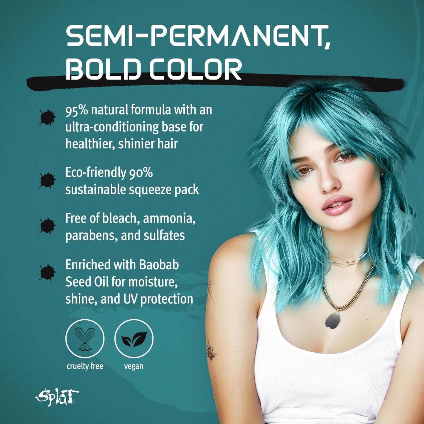 Splat Naturals Semi-Permanent Hair Color, Teal, 6 fl. oz., 95% Natural Hair Dye Formula Lasts Up to 30 Washes, Vegan & Cruelty-Free Semi Permanent Beauty & Personal Care Splat