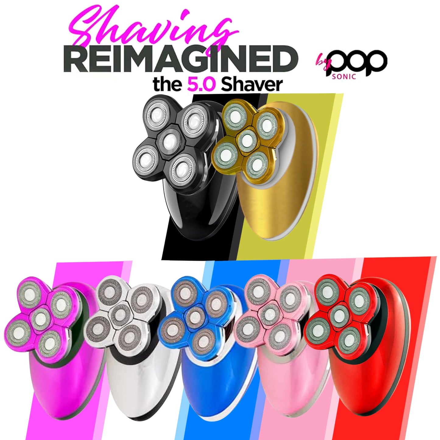 Pop Sonic 5-Head Electric Shaver - Face, Head & Body Shaver - Waterproof USB Rechargeable Trimmer - Floating Precision Heads - Razors for Women Beauty and Personal Care Pop Sonic