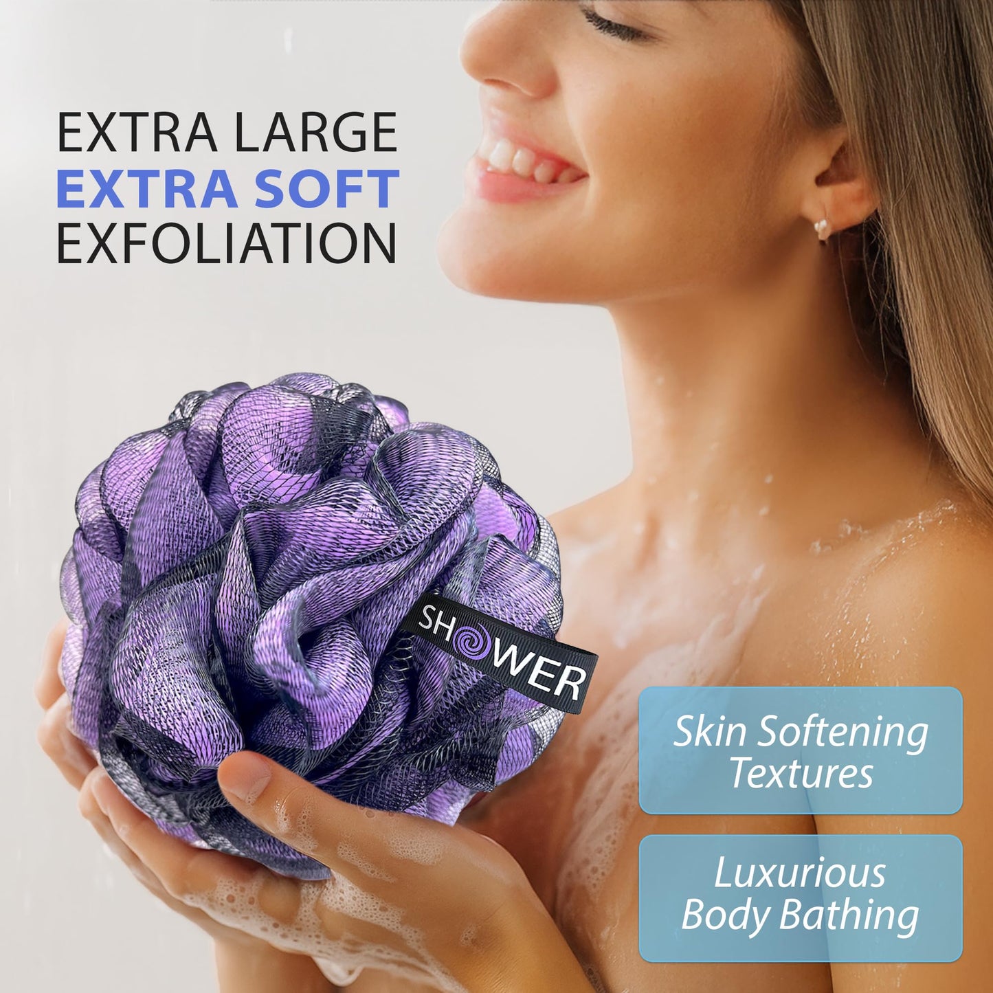 SHOWER BOUQUET Loofah-Charcoal Bath-Sponge XL-Color-4-Pack // Extra Large 75g Soft Mesh Black Luffa Loofa Loufa Puff Set/Exfoliating Body Scrubber Beauty & Personal Care Shower Bouquet