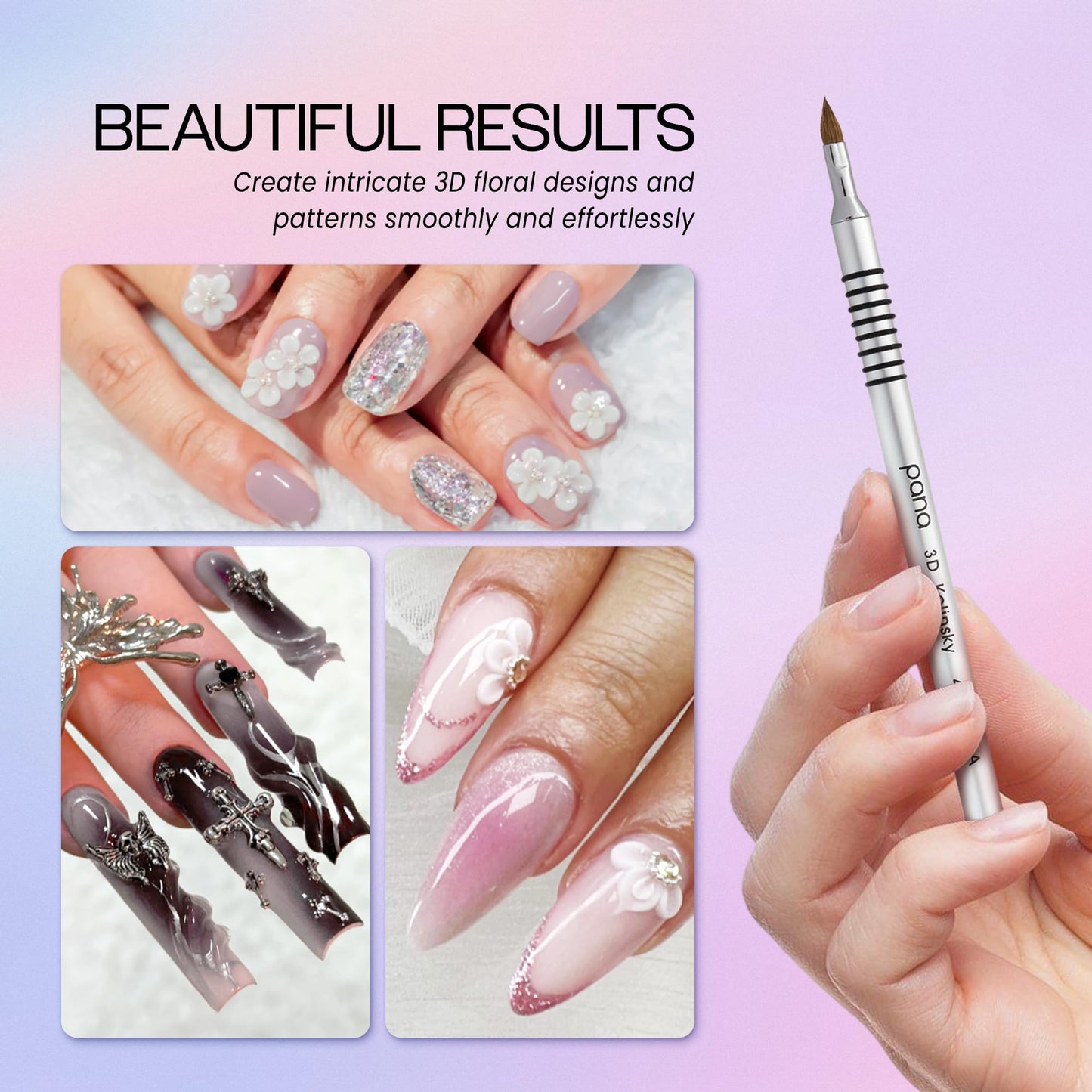 PANA 3D Kolinsky Acrylic Nail Art Sculpture Brush with Silver Metal Non-Slip Grip Handle for Manicures 3D Nail Art Flower Designs (Size #4) Beauty & Personal Care PANA