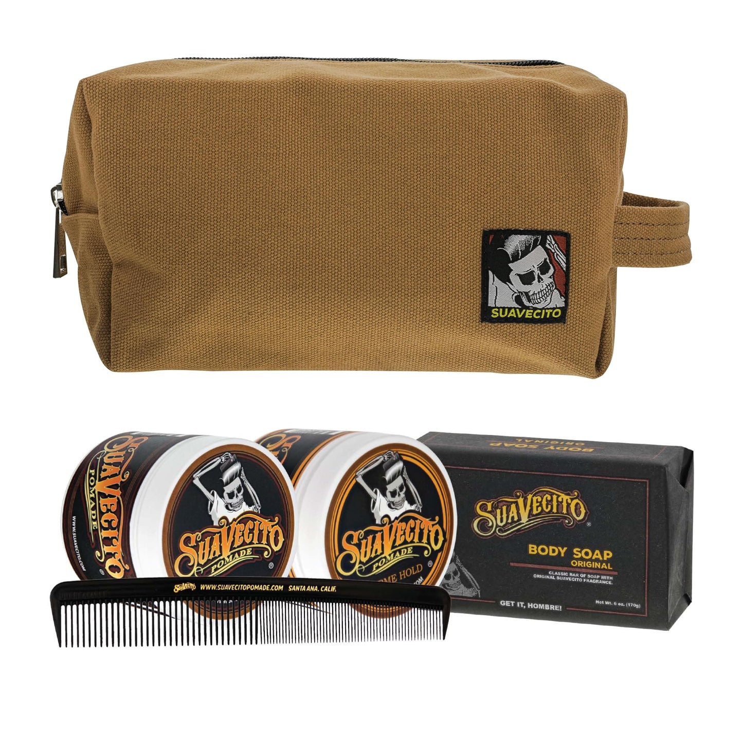 Suavecito Men's Hair Grooming Set OG & Firme (Strong) Hold Pomade, Body Soap, Large Deluxe Comb & Sand Canvas Bag Beauty & Personal Care Suavecito