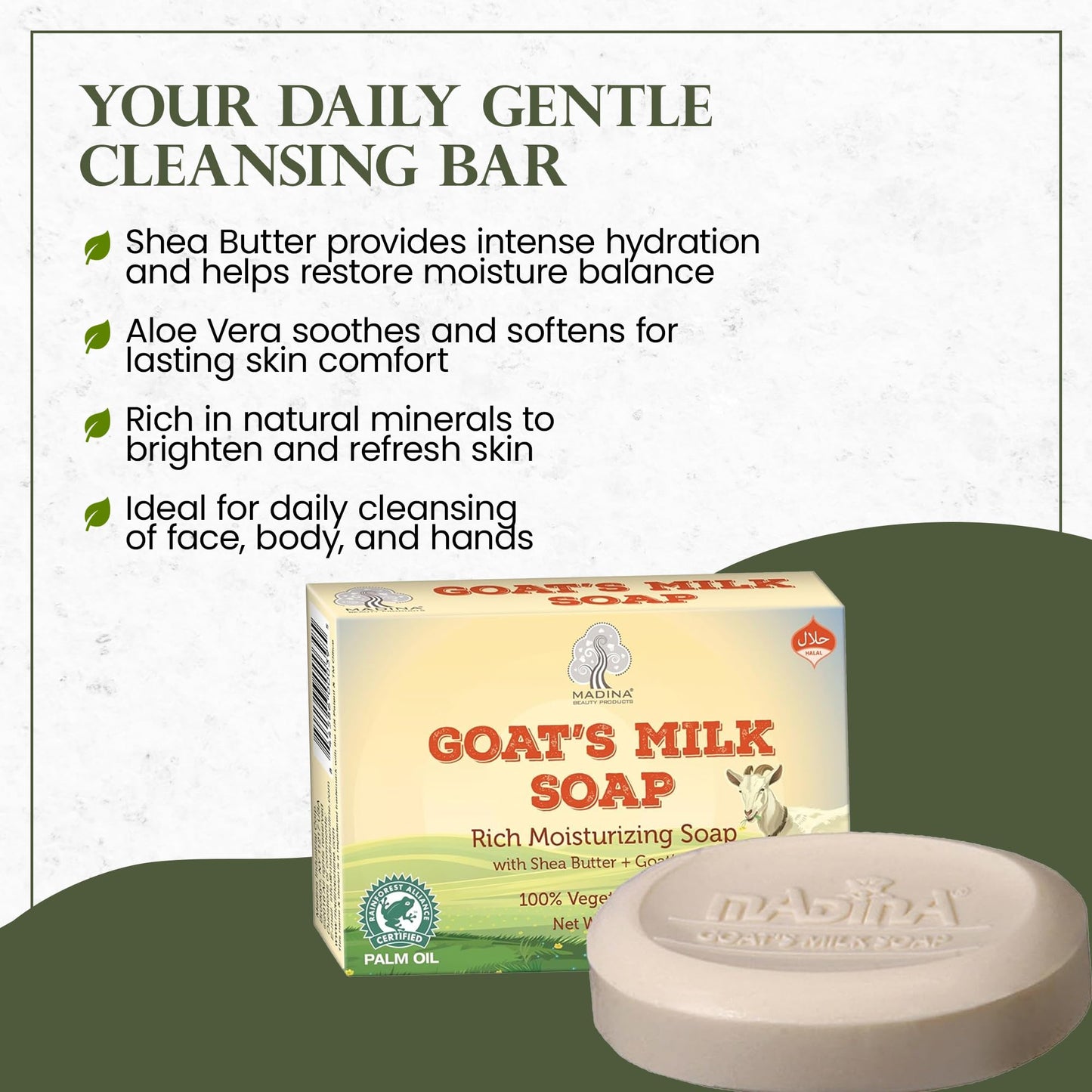 Madina Goat Milk Soap Bar - Hydrating, Moisturizing, Nourishing, Natural Vegetable-Based, Gentle Cleanser for All Skin Types, RSPO & Halal, 6 Pack Beauty & Personal Care Madina