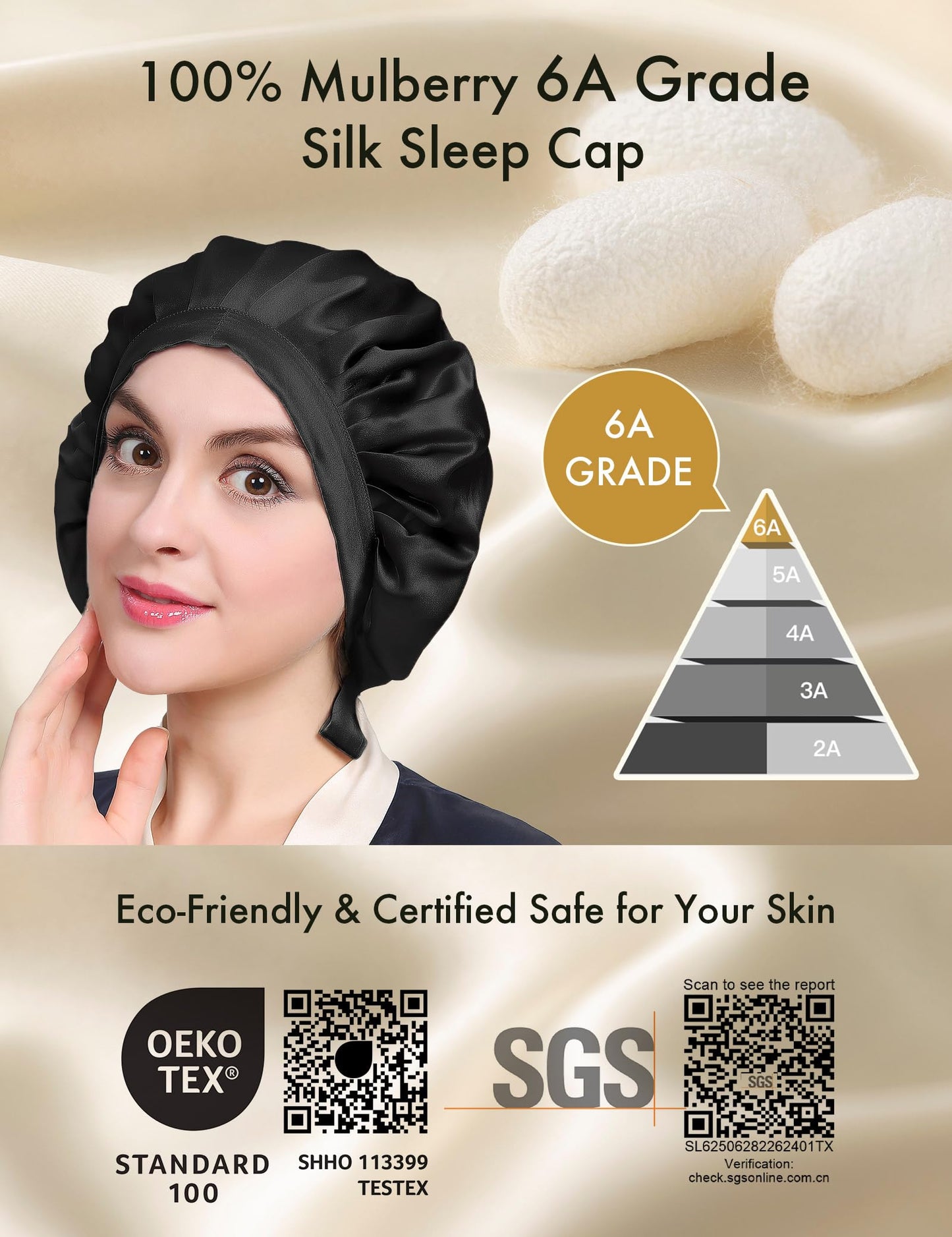 LILYSILK 100% Mulberry Silk Bonnet, 19 Momme Silk Night Sleep Cap Adjustable Hair Wrap for Sleeping, Black Beauty and Personal Care LilySilk