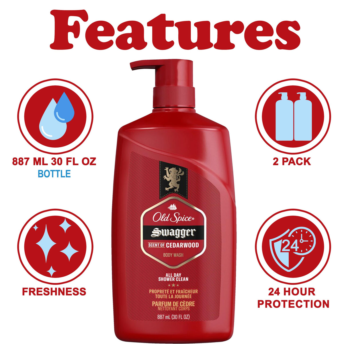Old Spice Swagger Body Wash, 2 Pack, Extra Large Man Sized Shower Gel for Men, Red Collection Cedarwood Fresh Scent, 30 oz. Each Beauty & Personal Care Old Spice