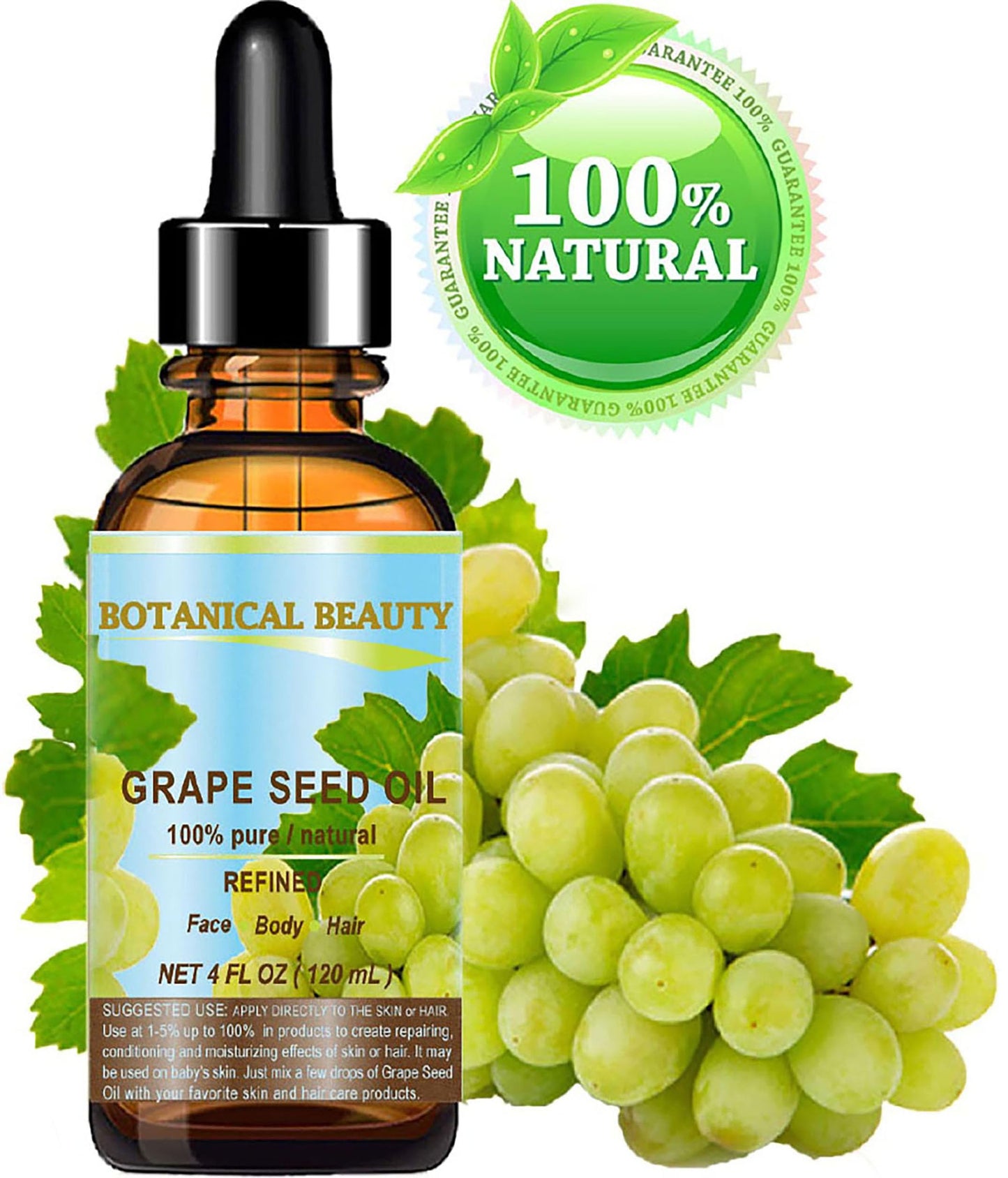 Botanical Beauty GRAPE SEED OIL 100% Pure Natural Undiluted Refined Cold Pressed Carrier Oil for Face, Skin, Body, Hair, Massage, Lip, Nails. 4 Fl Beauty & Personal Care Botanical Beauty