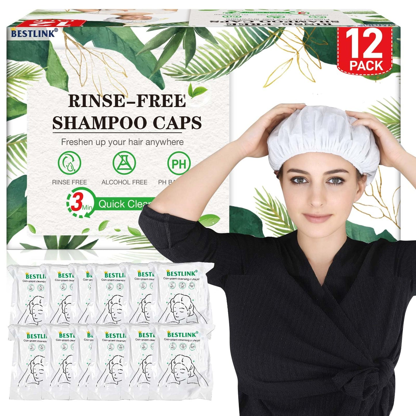 Shampoo Caps No Rinse, 12 Pack Waterless Shampoo Caps for Bedridden Patients and Elderly, Rinse Free Hair Washing Shower Caps for Post Surgery Beauty and Personal Care BestLink
