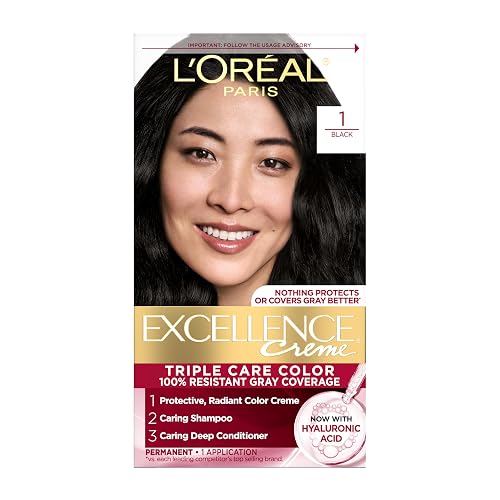 L'Oreal Paris Excellence Crème Permanent Hair Dye, Triple Care Hair Color with Hyaluronic Acid for 100% Gray Coverage, 1 Black, 1 Kit (Packaging May Beauty & Personal Care L'Oreal Paris