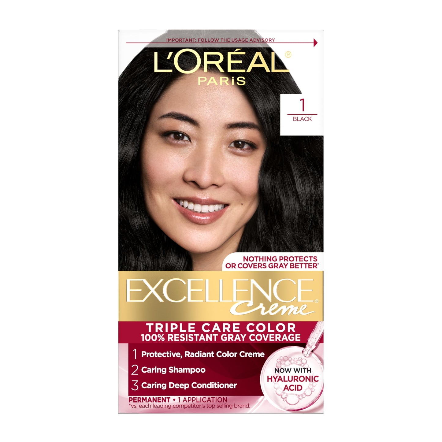 L'Oreal Paris Excellence Crème Permanent Hair Dye, Triple Care Hair Color with Hyaluronic Acid for 100% Gray Coverage, 1 Black, 1 Kit (Packaging May Beauty & Personal Care L'Oreal Paris