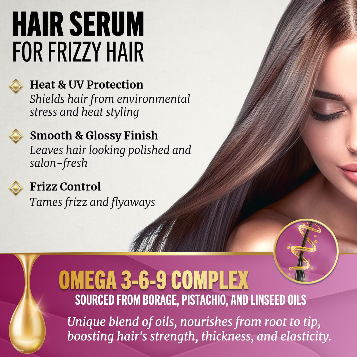 Jenoris Pistachio Oil Hair Serum for Frizzy and Damaged Hair, Lightweight Hair Oil for Dry Hair with Omega 3-6-9 Complex, Anti-Frizz Hair Serum for