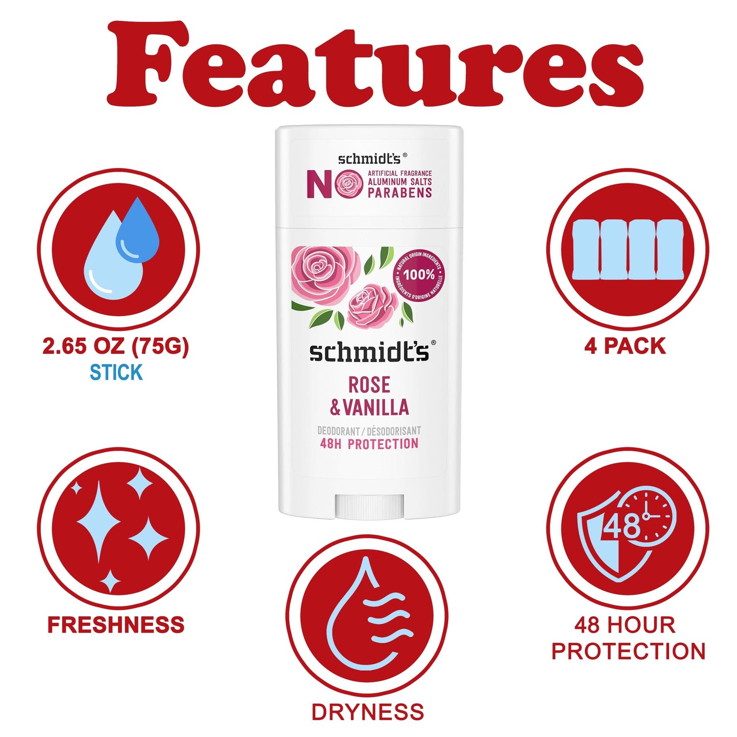 Schmidt's Aluminum-Free Vegan Deodorant Rose & Vanilla, 4 Pack, 24 Hour Odor Protection, Stick Deodorant for Women and Men with Natural Ingredients Beauty and Personal Care Schmidt's