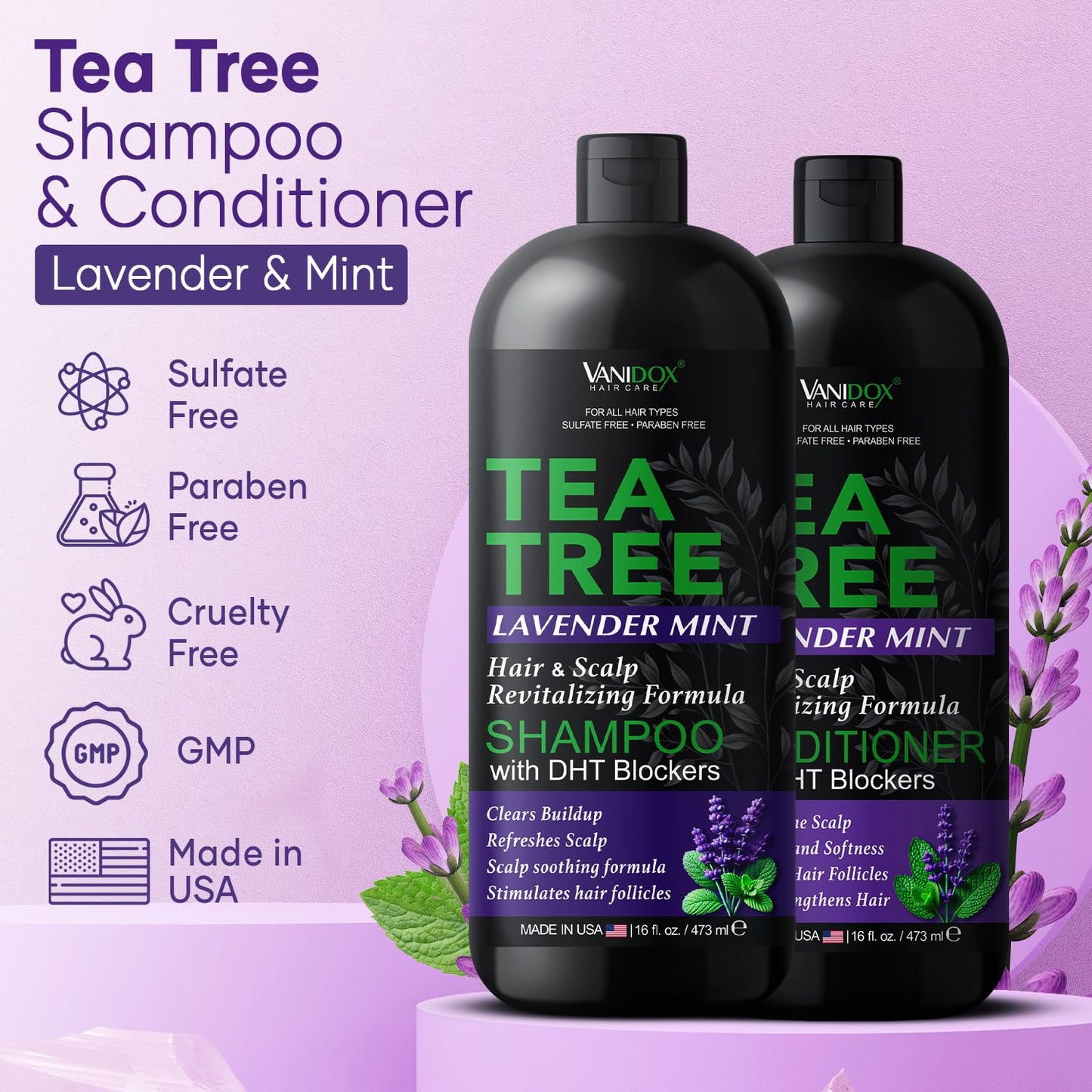 Vanidox Tea Tree Shampoo and Conditioner Set with Lavender and Mint | DHT Blockers | With 100% Pure Tea Tree Oil for Itchy, Dry Scalp | Sulfate Beauty & Personal Care VANIDOX